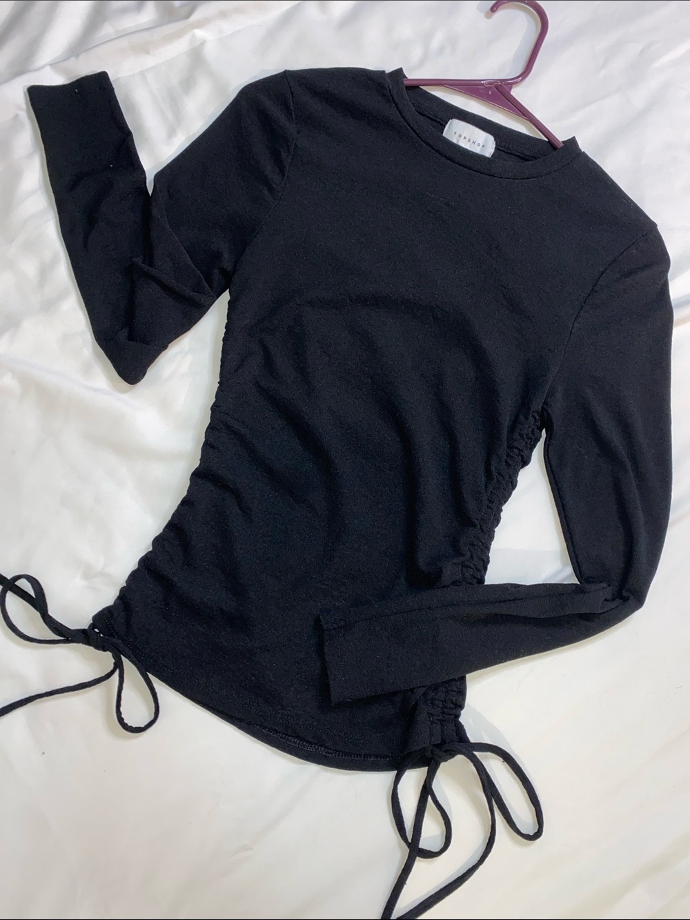 Topshop Black Long-Sleeve Ruched Side Tie Top
